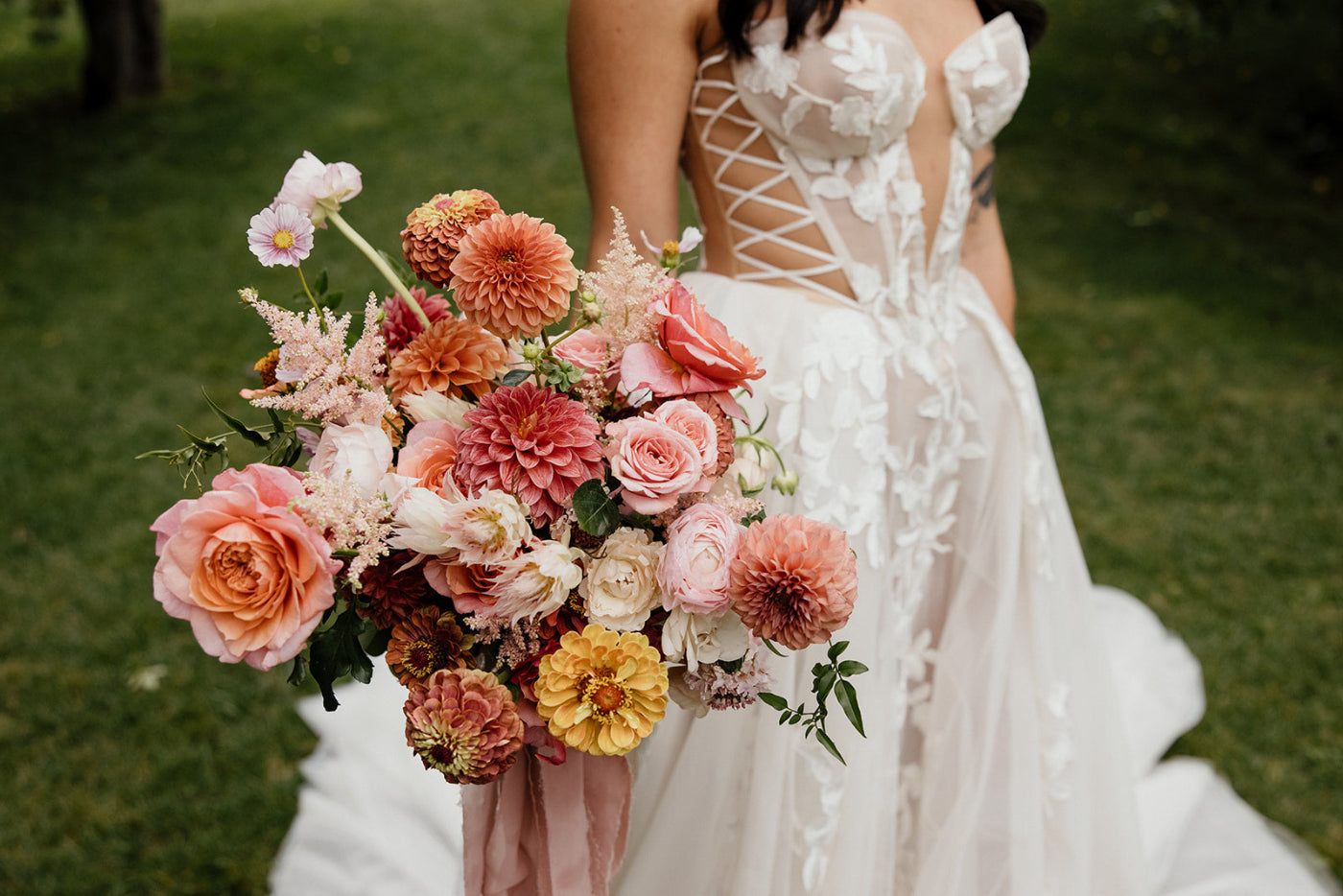 Elegant wedding bouquet with romantic flowers and soft natural styling