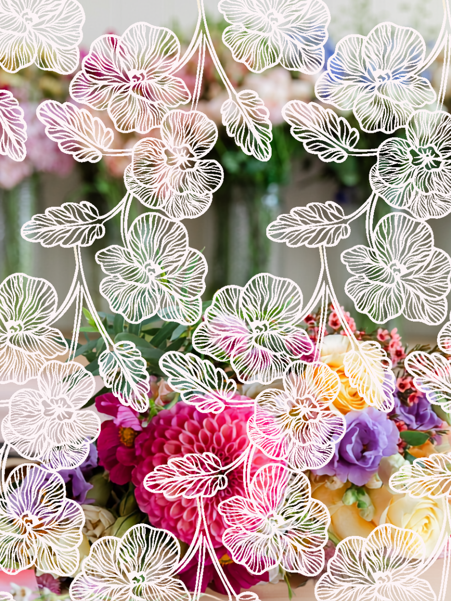 A close-up of a colorful floral arrangement with pink, purple, yellow, and white flowers overlaid by a white line-art pattern of stylized flowers and leaves.