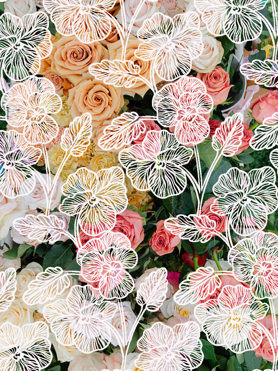 A close-up floral arrangement featuring peach and pink roses with green foliage, overlaid with white line-art illustrations of flowers and leaves.