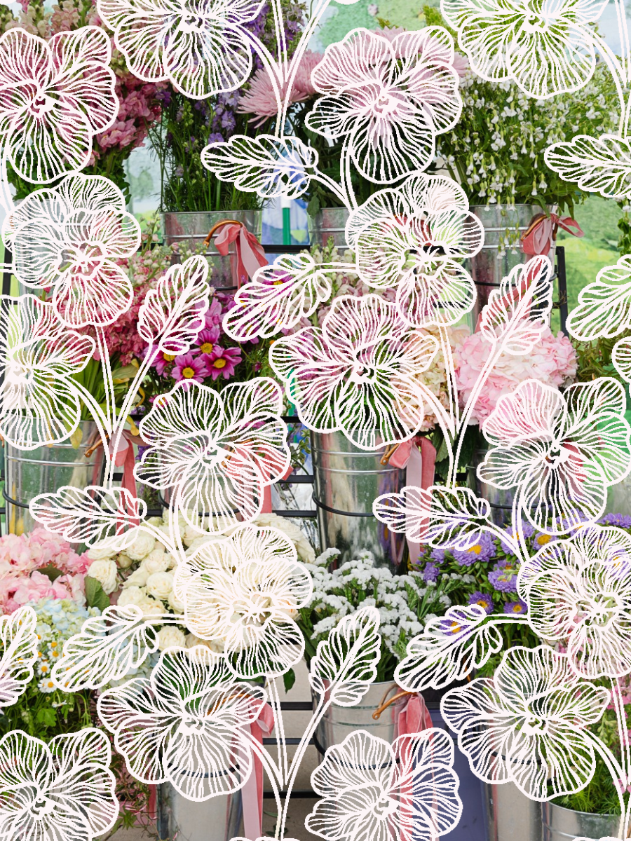 A close-up of a floral-patterned fabric or wallpaper featuring white, pink, and light purple line-art flowers over a soft pastel background with hints of flowers and greenery.